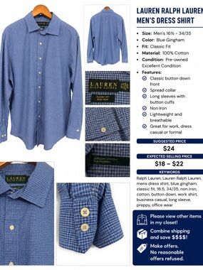 Lauren Ralph Lauren Men’s Classic Fit Non-Iron Blue Check Dress Shirt 16.5 34/35